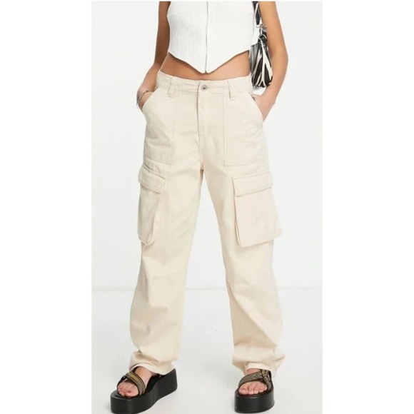 Bershka Cargo Street Butter‎ Yellow Wide Leg Straight Pants Hiking Gorpcore 2 - Picture 1 of 8